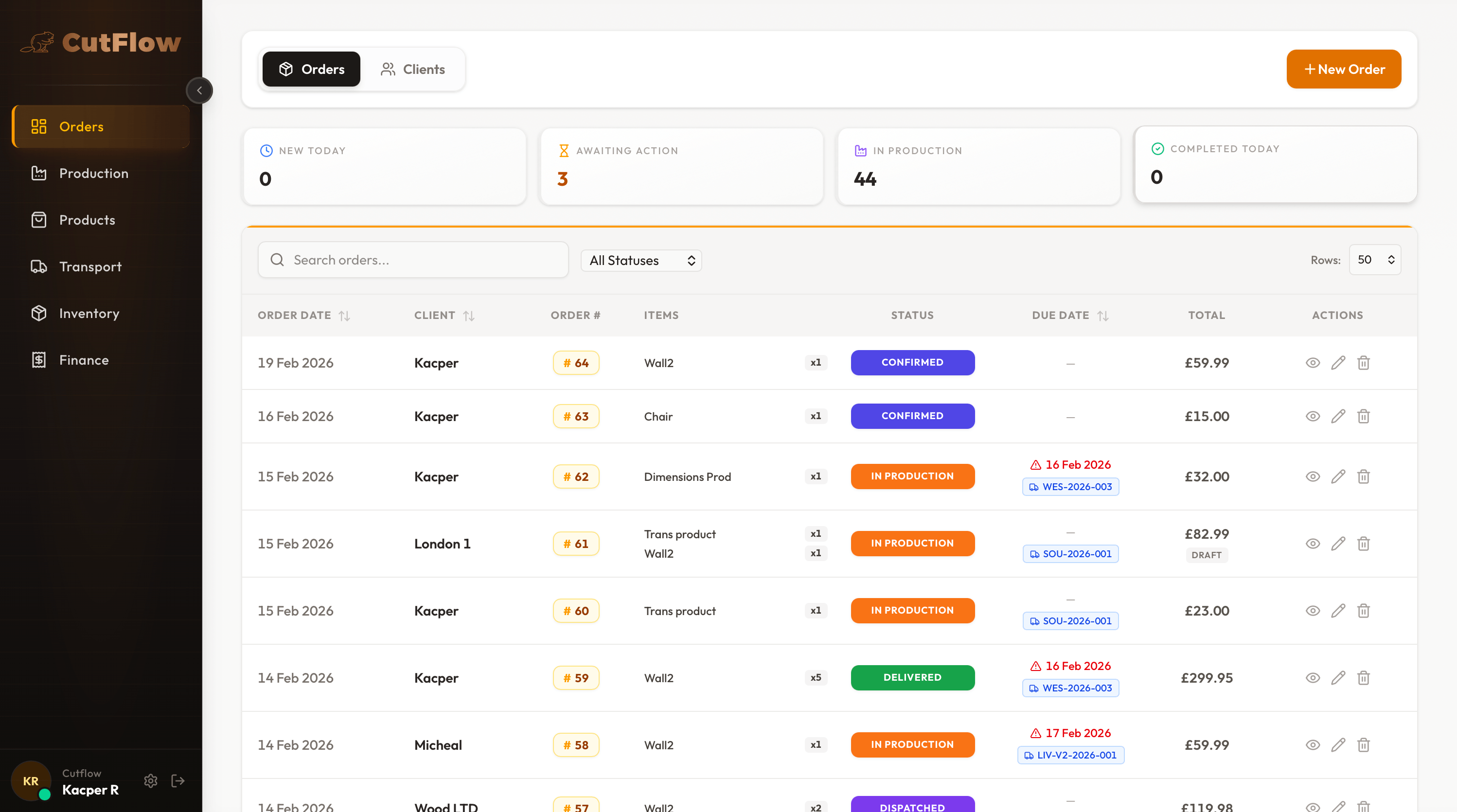 CutFlow orders management panel showing filterable order list with status tracking and built-in CRM